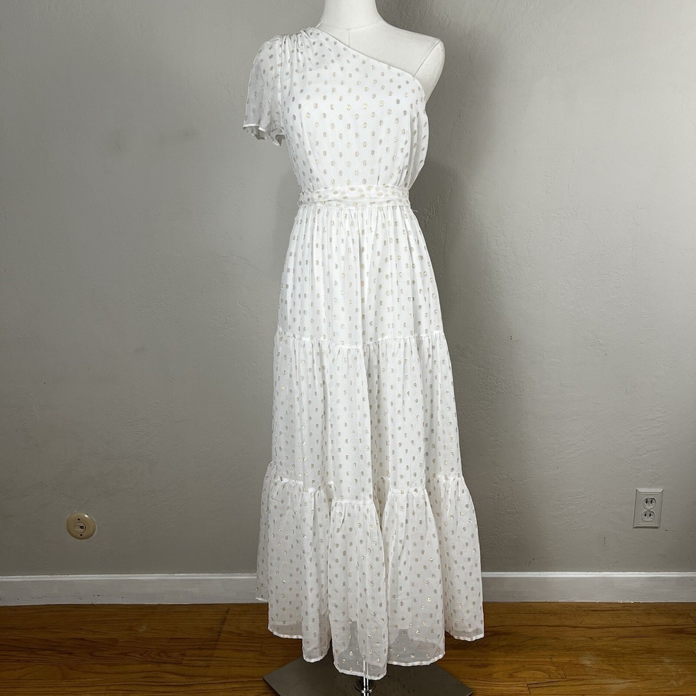 Lulus Shining Sight White Metallic Gold Polka Dot One-Shoulder Midi Dress Medium